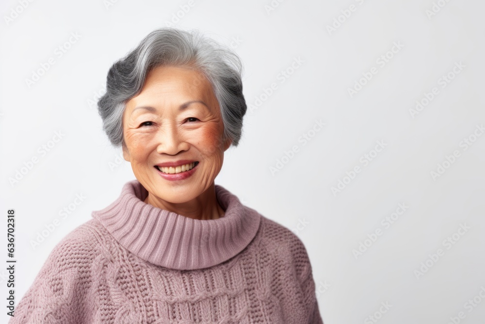 Medium shot portrait of a Chinese woman in her 90s in a white background wearing a cozy sweater Medium shot portrait of a Chinese woman in her 90s in a white background wearing a cozy sweater