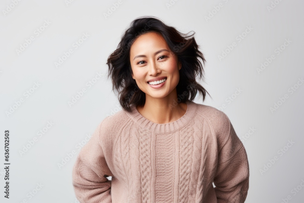 Lifestyle portrait of a Indonesian woman in her 30s in a white background wearing a cozy sweater Lifestyle portrait of a Indonesian woman in her 30s in a white background wearing a cozy sweater