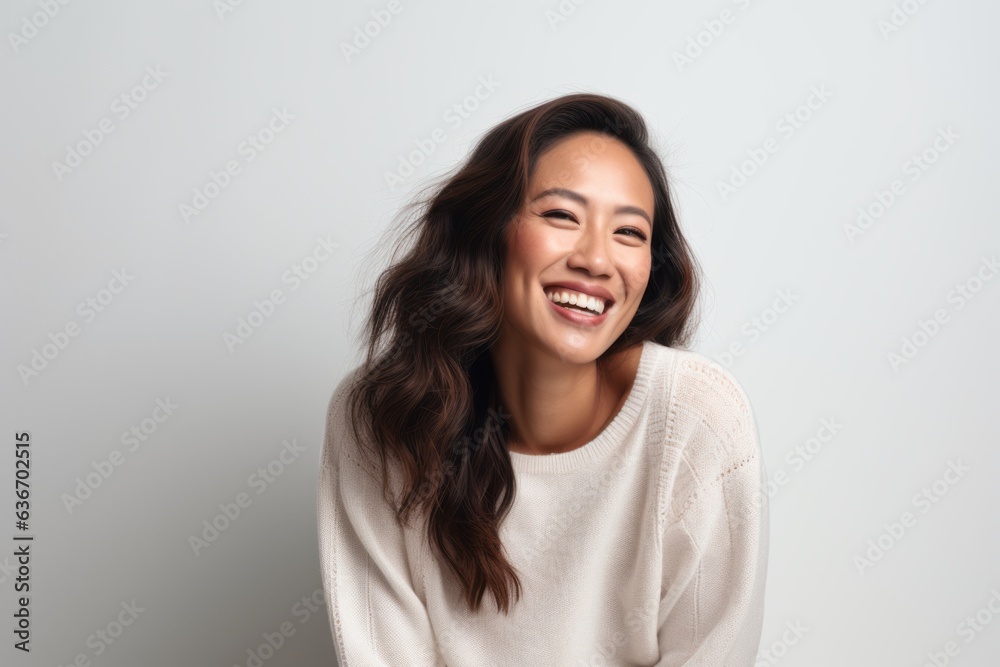 Lifestyle portrait of a Indonesian woman in her 30s in a white background wearing a cozy sweater Lifestyle portrait of a Indonesian woman in her 30s in a white background wearing a cozy sweater