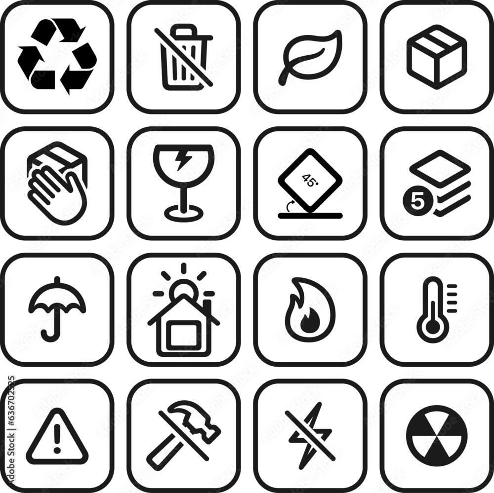 set of icons for handling and packing vector collection isolated on transparent background. 16 linear icons for box instruction packaging. packing information icons. set of icons for handling and packing vector collection isolated on transparent background. 16 linear icons for box instruction packaging. packing information icons.