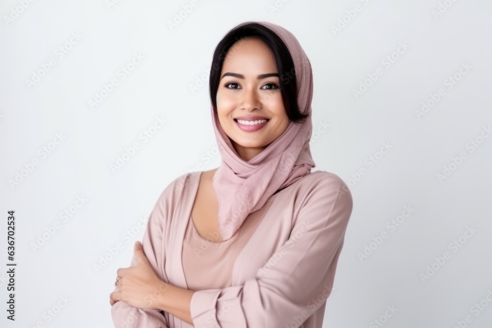 Medium shot portrait of a Indonesian woman in her 30s in a white background wearing a chic cardigan Medium shot portrait of a Indonesian woman in her 30s in a white background wearing a chic cardigan