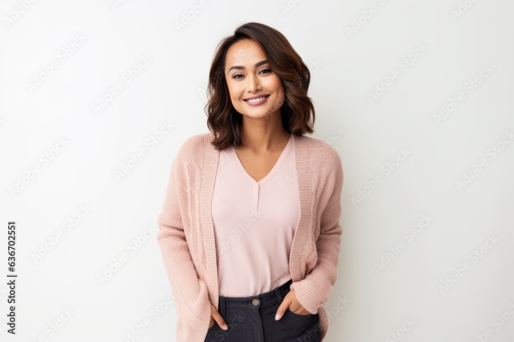 Medium shot portrait of a Indonesian woman in her 30s in a white background wearing a chic cardigan Medium shot portrait of a Indonesian woman in her 30s in a white background wearing a chic cardigan