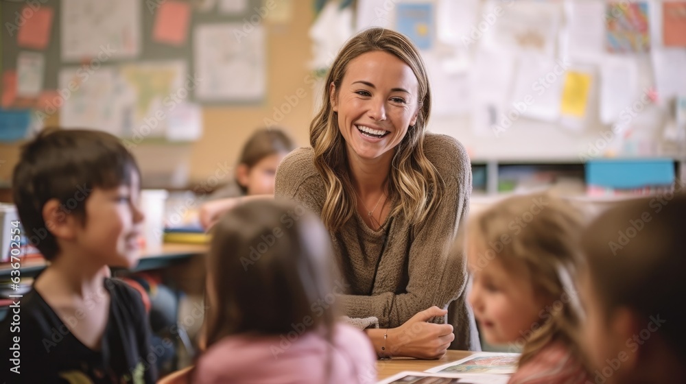 Happy female teacher in an elementary school classroom. Happy female teacher in an elementary school classroom.