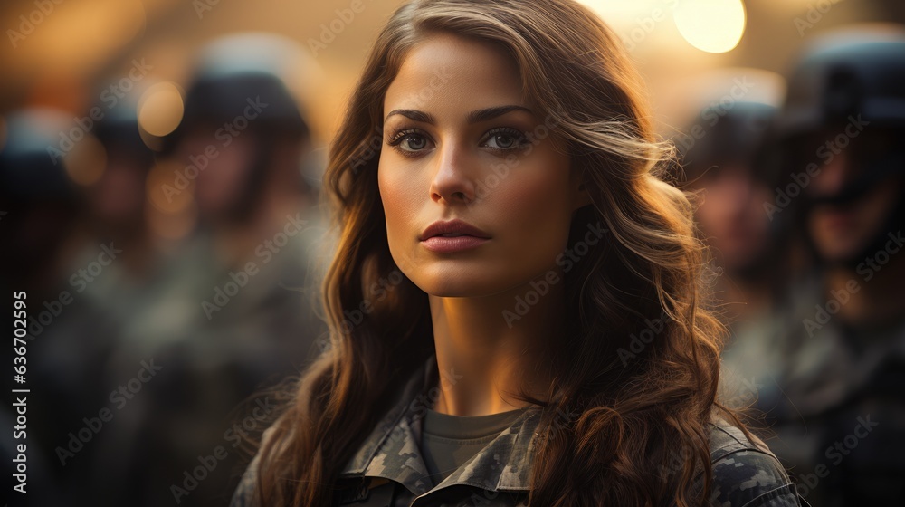 Foreground of woman in a military uniform on a blurred background. Foreground of woman in a military uniform on a blurred background.