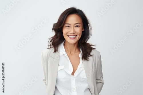 Free Download Medium shot portrait of a Indonesian woman in her 30s in a white background wearing a chic cardigan - GFXLoad