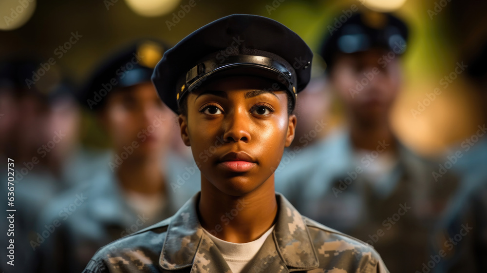 Foreground of woman in a military uniform on a blurred background. - obrazy, fototapety, plakaty 