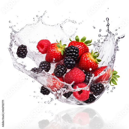 A bowl of berries and raspberries splashing into water.