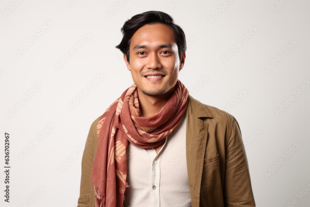 Portrait of a young asian man with brown scarf on white background Portrait of a young asian man with brown scarf on white background