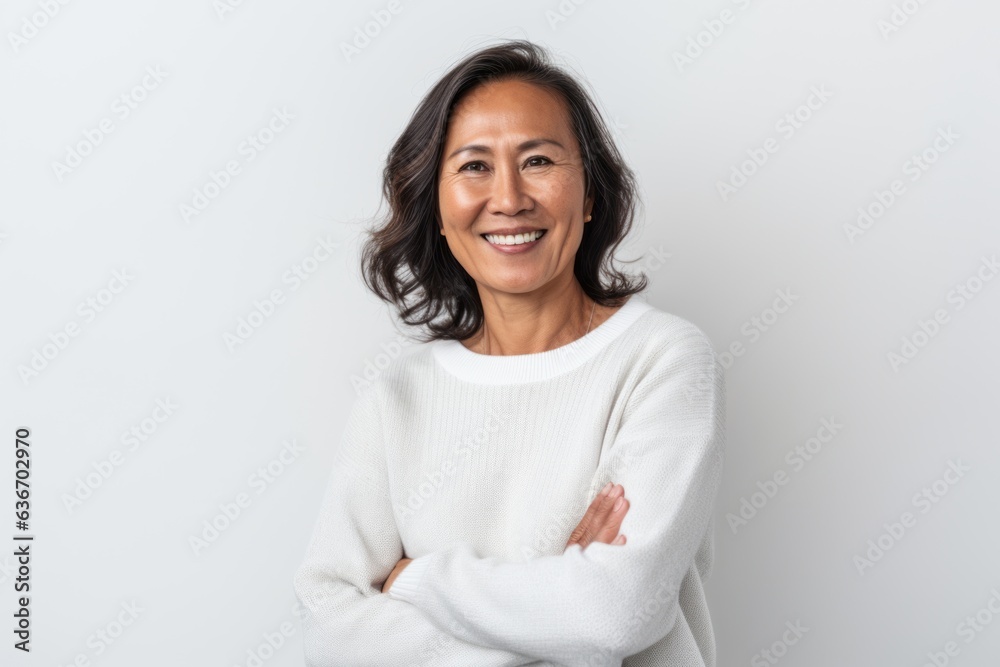 Portrait of smiling mature Asian woman with arms crossed standing against white background Portrait of smiling mature Asian woman with arms crossed standing against white background
