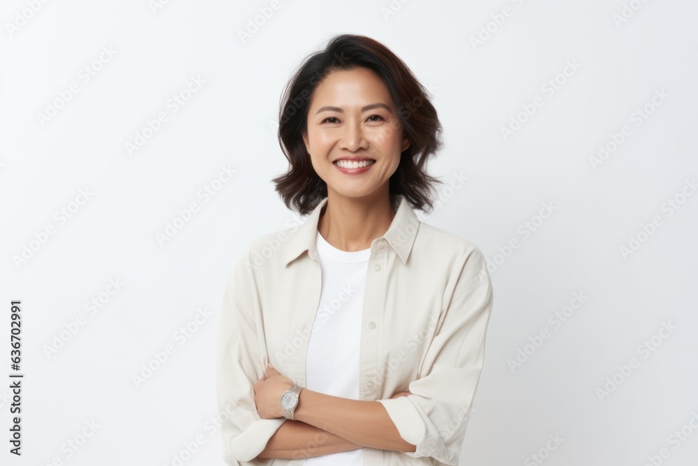Medium shot portrait of a Indonesian woman in her 40s in a white background wearing a chic cardigan Medium shot portrait of a Indonesian woman in her 40s in a white background wearing a chic cardigan