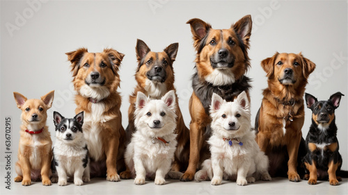 Group portrait of dogs of various shapes, sizes, and breeds. Stray pets with happy expression waiting for adoption. generative AI