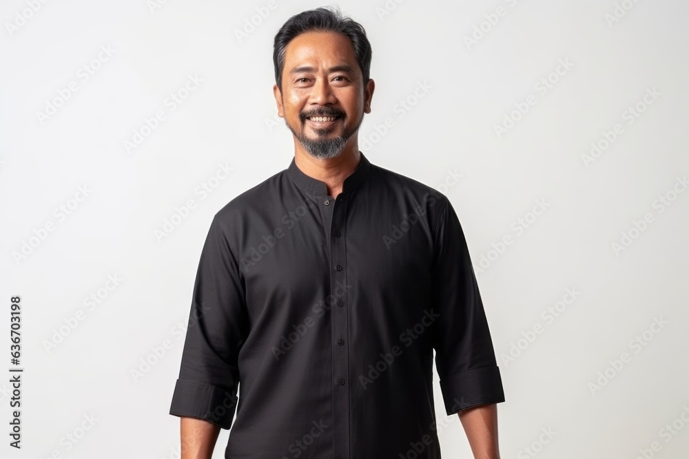Portrait of a smiling asian man in black shirt on white background