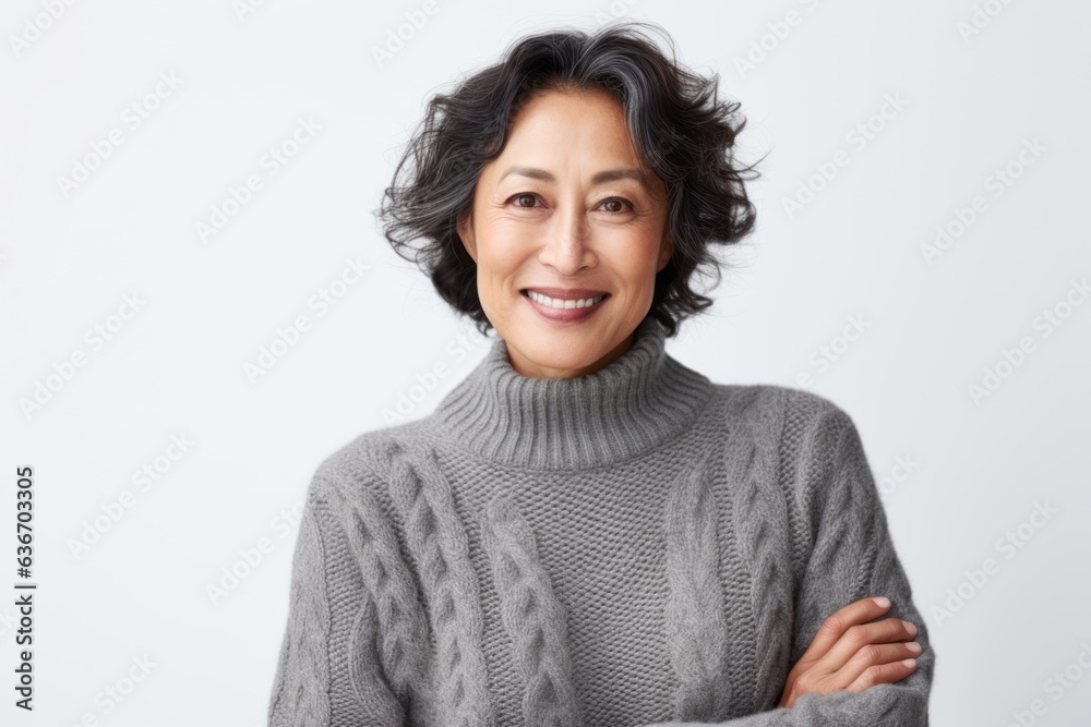 Portrait of smiling mature Asian woman with arms crossed over white background Portrait of smiling mature Asian woman with arms crossed over white background