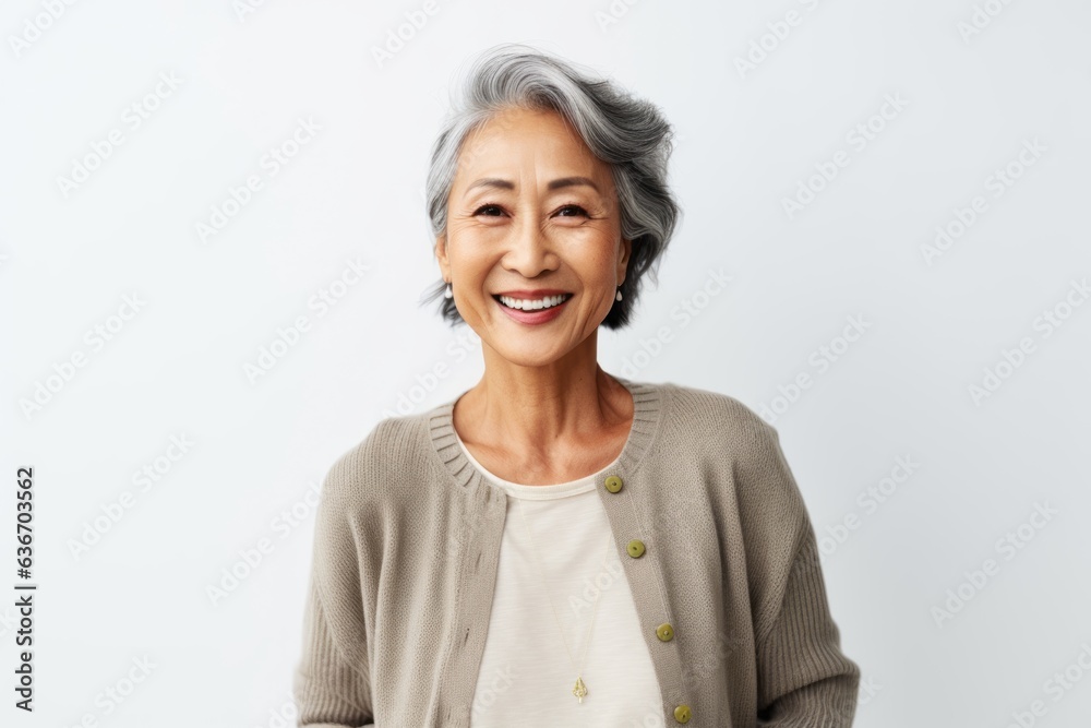 Portrait of a smiling senior asian woman standing against white background Portrait of a smiling senior asian woman standing against white background