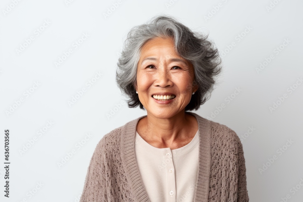 Portrait of a happy senior asian woman smiling on white background - obrazy, fototapety, plakaty 