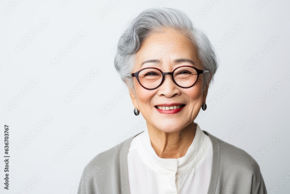 Asian senior woman wearing eyeglasses with smile on white background.