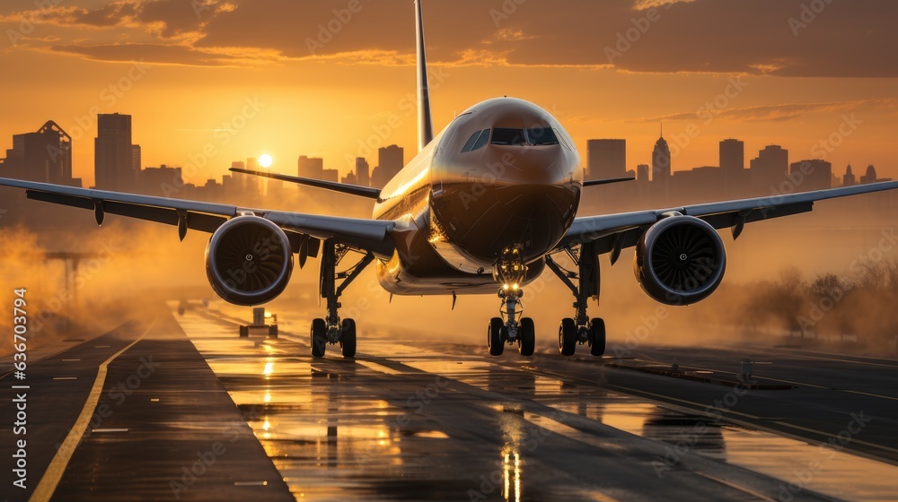 A passenger plane landing on the airport runway in the setting sun. A passenger plane landing on the airport runway in the setting sun.