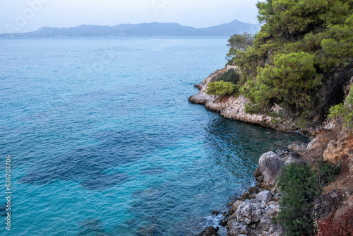 Agistri Island Greece. Rocky landscape covered with pine tree, cliff, crystal sea water. Copy space