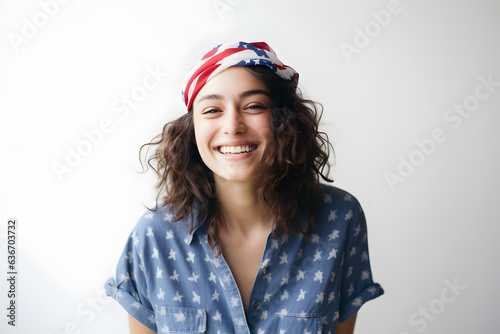 A cheerful portrait of a person wearing a patriotic bandana