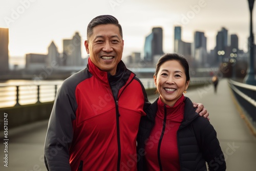 Healthy lifestyle: middle-aged Asian couple during morning running workout. Keeping fit in your 40s.