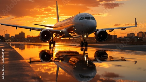A passenger plane landing on the airport runway in the setting sun.