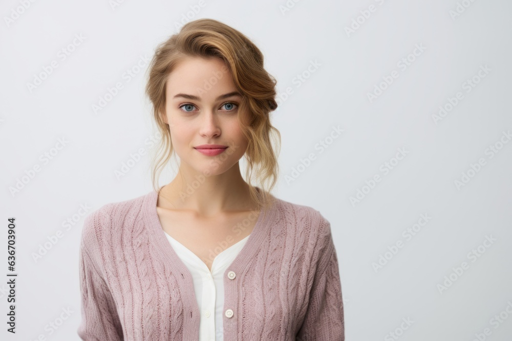 Group portrait of a Russian woman in her 20s in a white background wearing a chic cardigan Group portrait of a Russian woman in her 20s in a white background wearing a chic cardigan