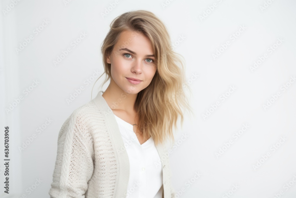 Group portrait of a Russian woman in her 20s in a white background wearing a chic cardigan Group portrait of a Russian woman in her 20s in a white background wearing a chic cardigan
