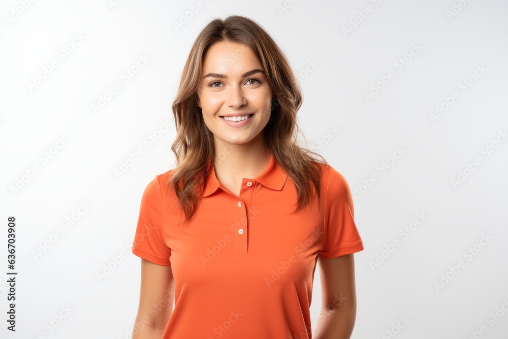 Lifestyle portrait of a Russian woman in her 20s in a white background wearing a sporty polo shirt Lifestyle portrait of a Russian woman in her 20s in a white background wearing a sporty polo shirt