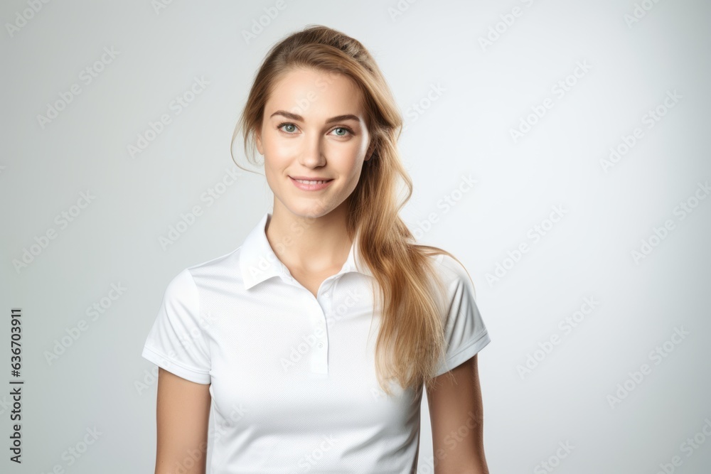 Lifestyle portrait of a Russian woman in her 20s in a white background wearing a sporty polo shirt Lifestyle portrait of a Russian woman in her 20s in a white background wearing a sporty polo shirt