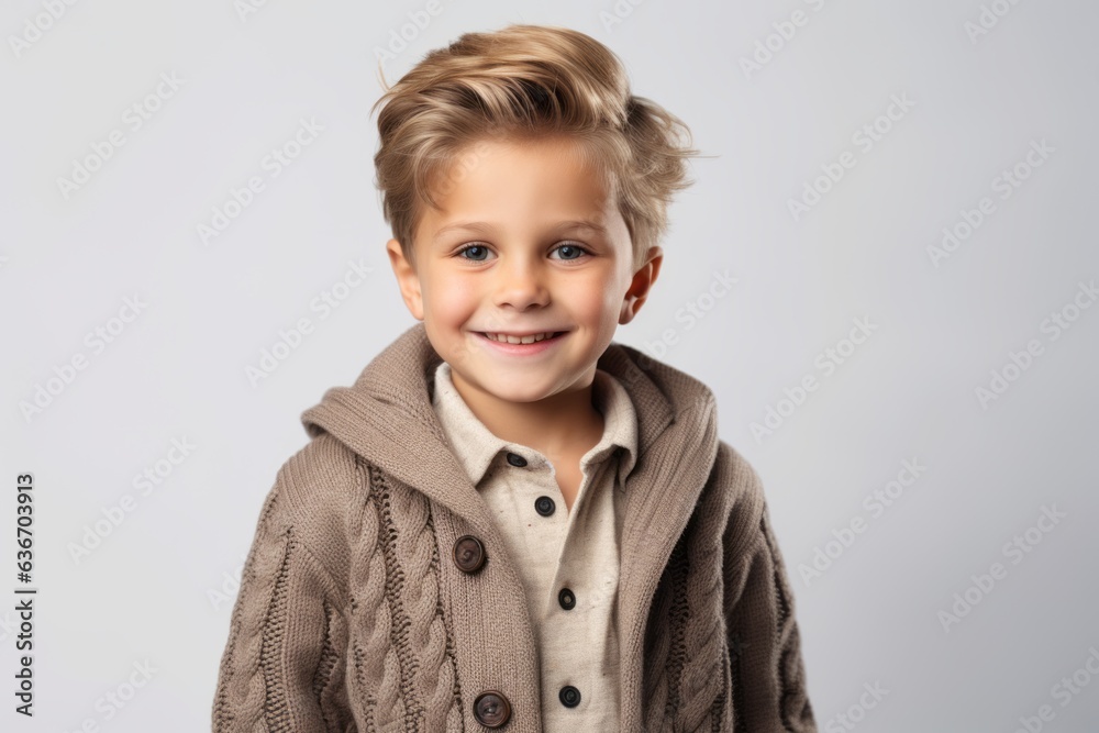 portrait of smiling little boy in beige coat over grey background portrait of smiling little boy in beige coat over grey background