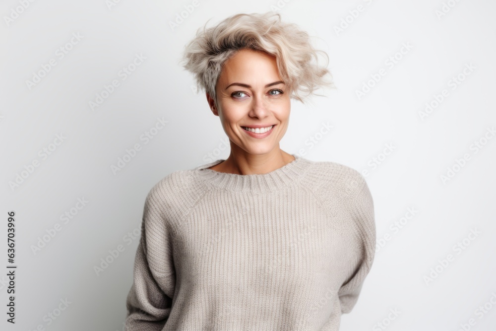 Lifestyle portrait of a Russian woman in her 30s in a white background wearing a cozy sweater