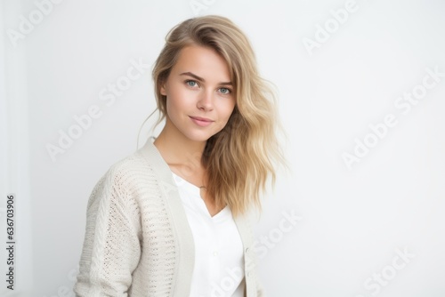 Group portrait of a Russian woman in her 20s in a white background wearing a chic cardigan