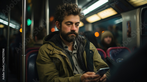 A man immersed in his phone while sitting on a public bus.