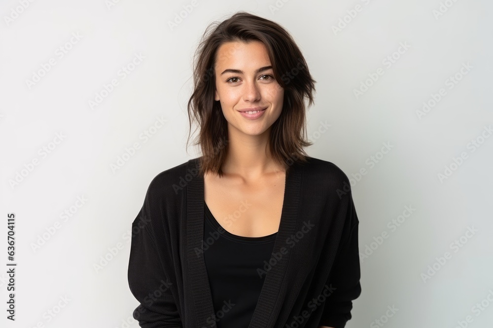 Medium shot portrait of a Russian woman in her 30s in a white background wearing a chic cardigan