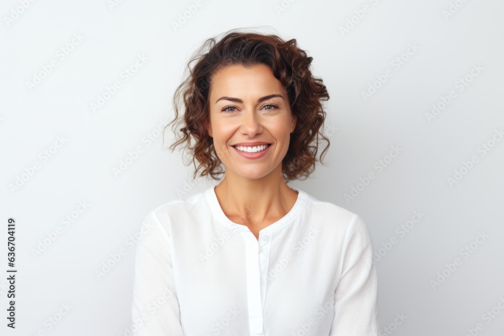 Medium shot portrait of a Russian woman in her 30s in a white background wearing a chic cardigan Medium shot portrait of a Russian woman in her 30s in a white background wearing a chic cardigan