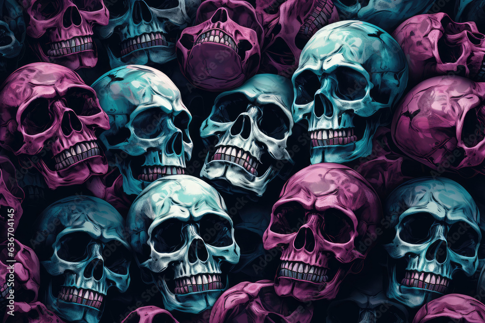 Pile of skulls on dark background. Halloween concept.