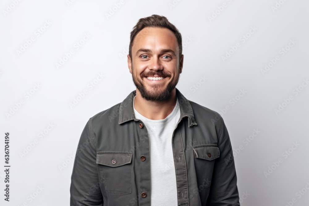 Medium shot portrait of a Russian man in his 30s in a white background wearing a chic cardigan Medium shot portrait of a Russian man in his 30s in a white background wearing a chic cardigan