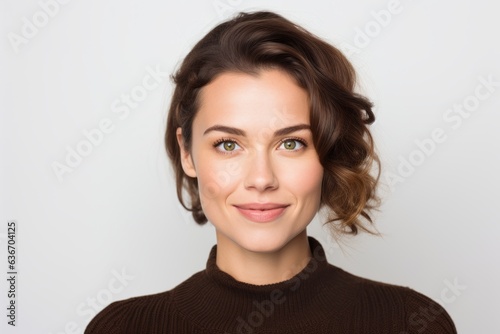 Close-up portrait of a Russian woman in her 30s in a white background wearing a chic cardigan