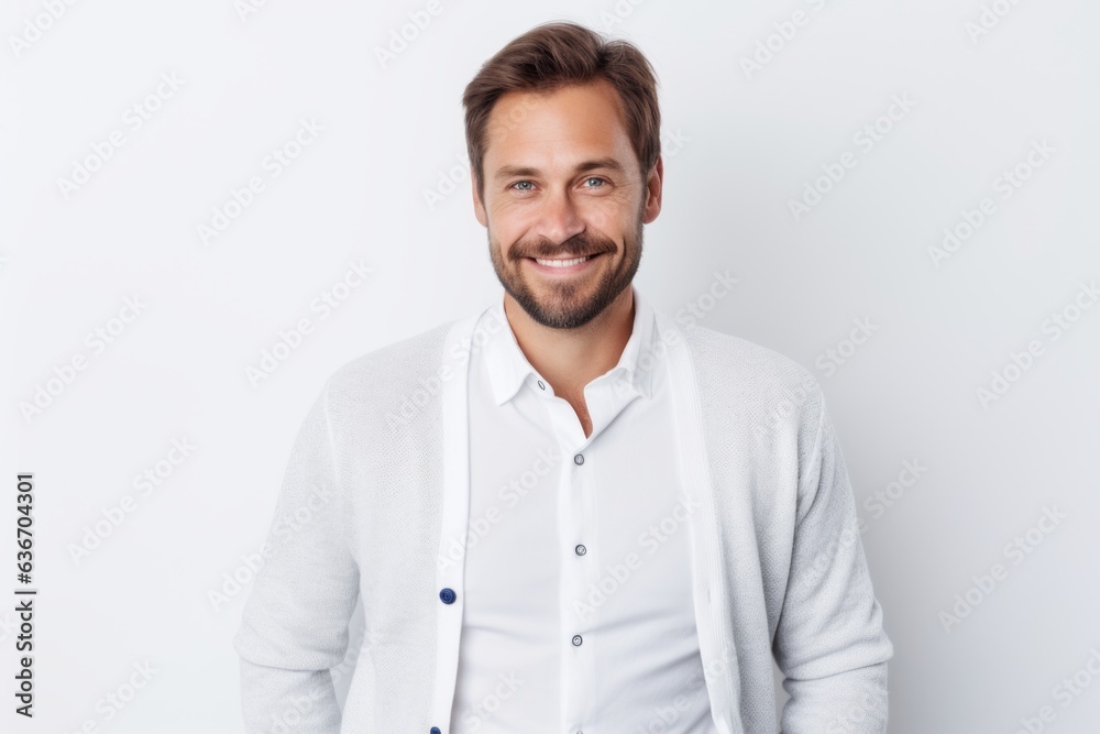 Lifestyle portrait of a Russian man in his 30s in a white background wearing a chic cardigan Lifestyle portrait of a Russian man in his 30s in a white background wearing a chic cardigan
