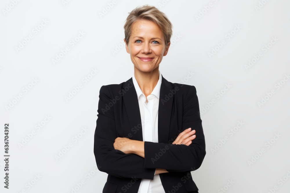 Portrait of a mature businesswoman standing with arms crossed over white background Portrait of a mature businesswoman standing with arms crossed over white background