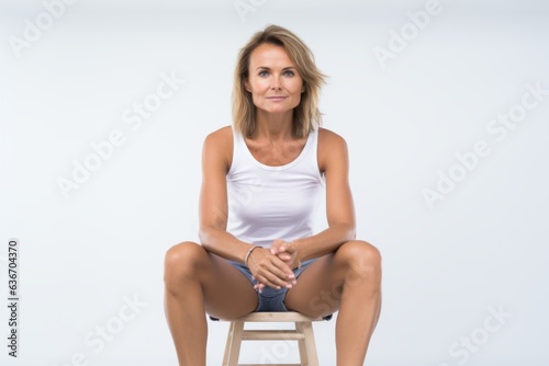 Portrait of a beautiful young woman sitting on a chair isolated on a white background