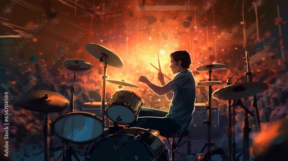 Fototapeta premium illustration person playing drum set.Generative AI