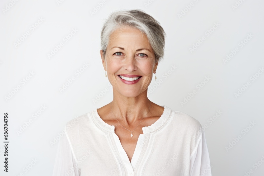 Portrait of happy senior woman smiling at camera against white background.