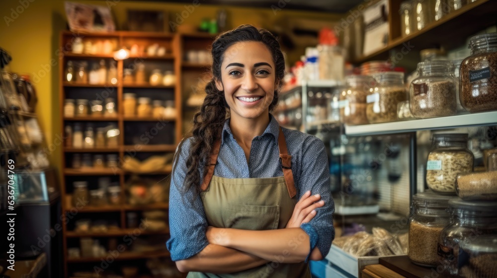 Happy woman working in a Neighborhood grocery store with a sincere smile.