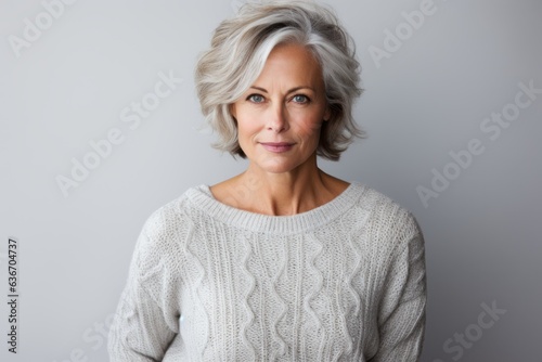 Lifestyle portrait of a Russian woman in her 50s in a white background wearing a cozy sweater