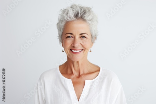 Medium shot portrait of a Russian woman in her 50s in a white background wearing a simple tunic