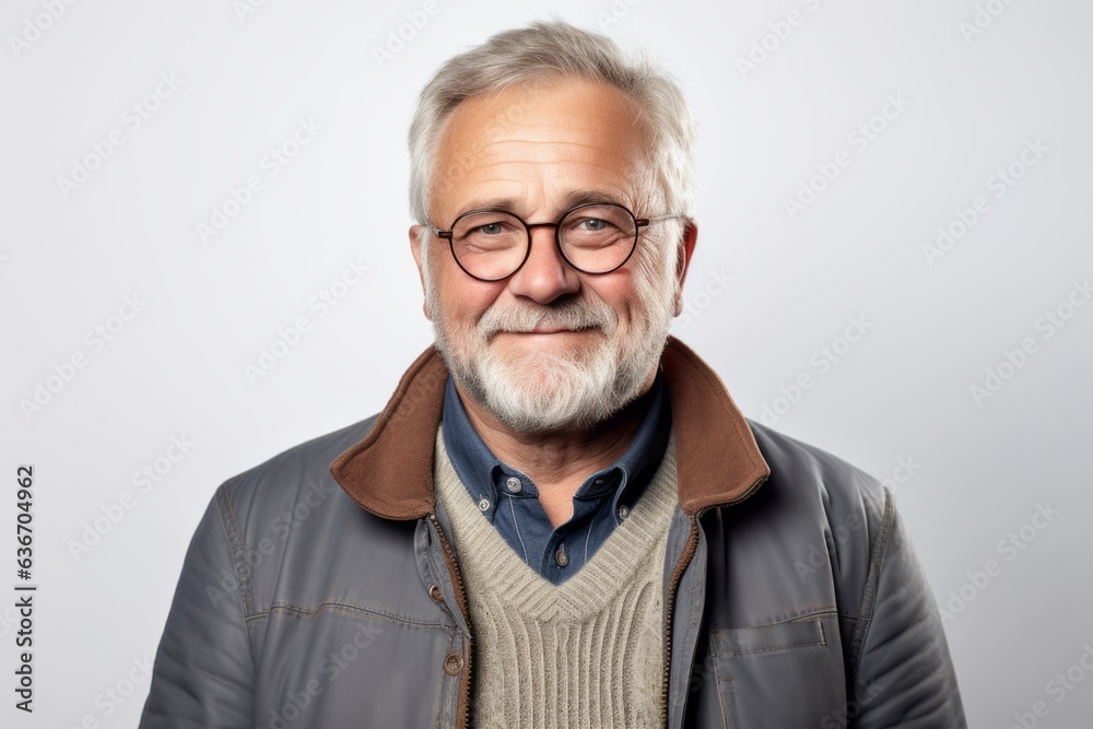 Lifestyle portrait of a Russian man in his 50s in a white background wearing a chic cardigan Lifestyle portrait of a Russian man in his 50s in a white background wearing a chic cardigan