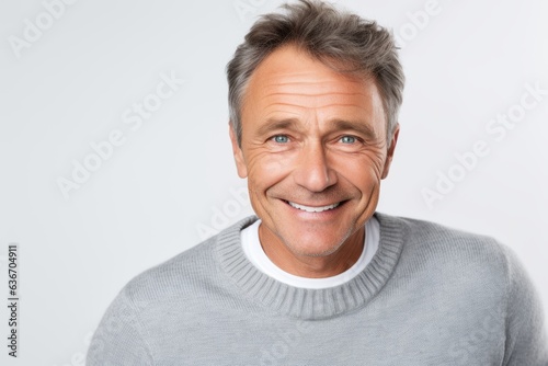 Close-up portrait of a Russian man in his 50s in a white background wearing a chic cardigan