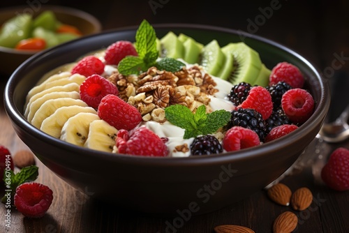 A bowl of yogurt topped with fruit and nuts. Digital image.