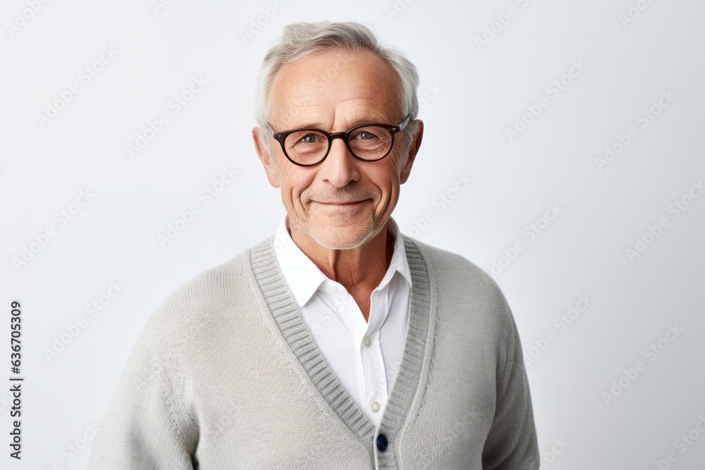 Lifestyle portrait of a Russian man in his 60s in a white background wearing a chic cardigan Lifestyle portrait of a Russian man in his 60s in a white background wearing a chic cardigan